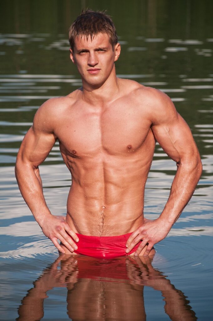 athlete, bodybuilder, lake, model, macho, male, man, masculinity, muscular, torso, fit, nature, handsome, healthy, strong, toned, body, pose, portrait