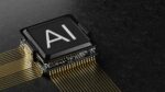 A black computer processor chip with gold pins on a dark circuit board
