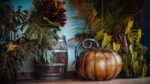 A carved pumpkin sits beside a wooden barrel and plants